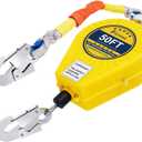 Self-Retractable Fall Arrester 50FT Double Locking Fall Arrest Protector Fall Protection Gear, Dual Alloy Steel PPE shell Heavy Duty Hook Cable Wire Rope Roofing Lifeline Safety Lanyard