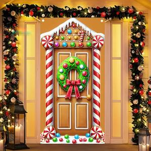 3 x BlissYard Gingerbread House Door Cover 71x35 Inch Christmas Door Banner Winter Holiday Decoration Welcome Porch Sign Christmas Party Photography Backdrop Indoor Outdoor Xmas Door Hanging Banner (Golden)