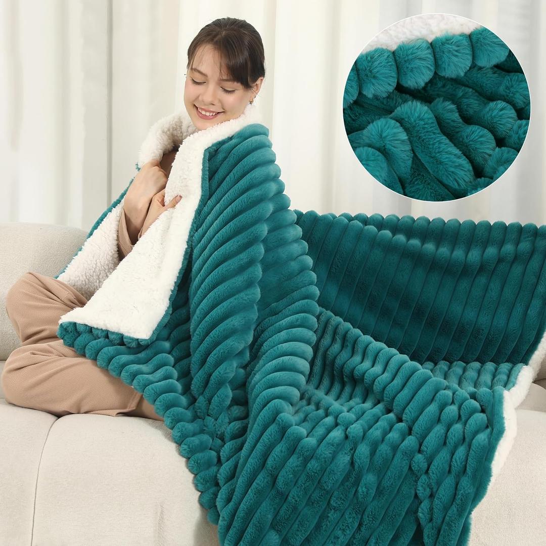 ESTINGO Heated Blanket Electric Throw 50''X60'', Ultra Soft 350GSM Luxury Faux Fur Plus 200GSM Sherpa, Upgraded Selected Cozy & Thick Fabric, 5 Heating Levels & 4H Auto Off, Peacock Blue