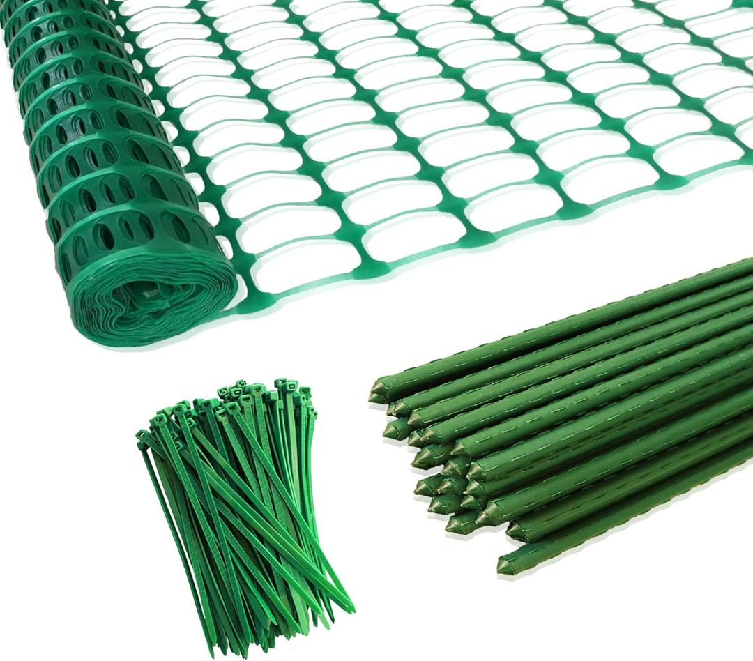 Garden Fence,Snow Fence,Plastic Safety Fence+25 Steel Plant Stakes,Patio Snow Fence 40 Inches X 100 Feet Green Plastic Garden Netting and 25 4-Foot Stakes