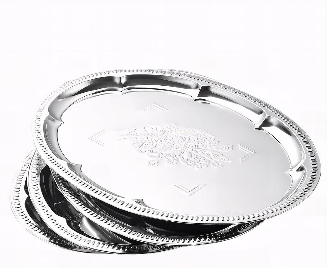 4-Pack 15.7" x 11.8" Large Silver Serving Trays for Party Set - Oval Floral Engraved Serving Platters, Wedding Birthday Mirror Tray for Christmas, Food, Appetizer, Charcuterie, Cookies, Desserts