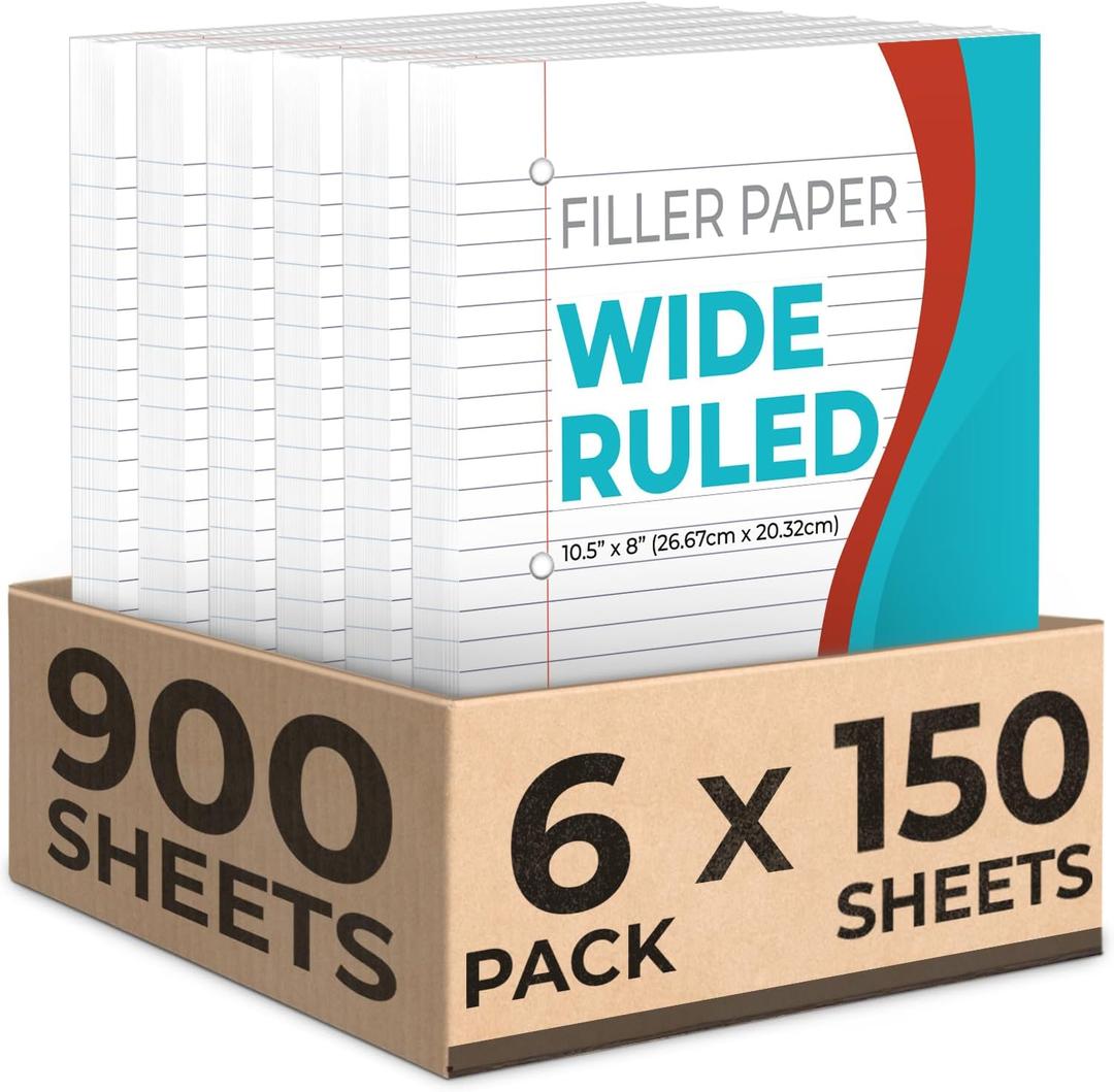 Rosmonde Loose Leaf Paper, 900 Sheets, 6 Pack, Wide Ruled, 8" x 10.5", Bulk Office Filler Sheets, 3 Hole Punched, 150 Sheets/Pack, Wide Ruled for 3 Ring Binder, Filler Notebook Paper, White