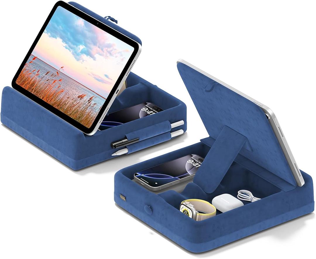 KDD Tablet Pillow Stand with Storage, Foldable iPad Holder for Lap, Desk and Bed, Angle Adjustable Soft Pad Dock with Stylus Mount Compatible with iPad Pro, Air, mini, Book, Phone and Tablet (4-13") (Dark Blue)