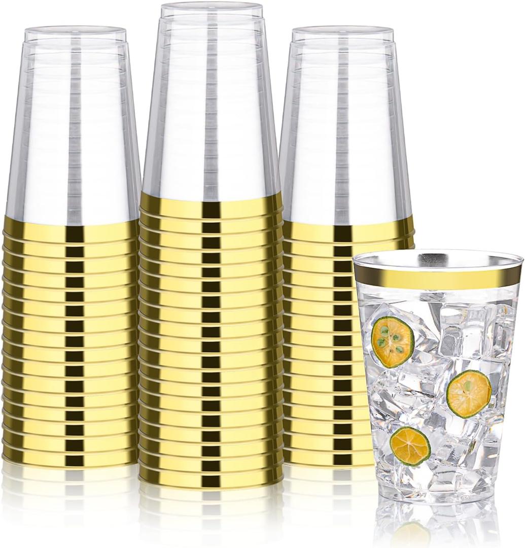 12oz Gold Plastic Cups, 100 Pack Gold Rimmed Disposable Cups, Heavy-duty Party Cocktail Glasses, Plastic Cups for Party, Holiday, Wedding and Birthday