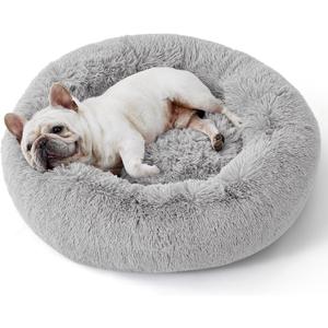 Bedsure Calming Dog Bed for Small Dogs - Donut Washable Small Pet Bed, 23 inches Anti-Slip Round Fluffy Plush Faux Fur Large Cat Bed, Fits up to 25 lbs Pets, Pale Grey (23.0"L x 23.0"W x 8.0"Th)