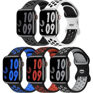 5 Pack Sport Bands Compatible with Apple Watch Band 44mm 45mm 46mm 42mm 41mm 40mm 38mm 49mm for Men Women, Breathable Silicone Wrist Strap for iWatch Series 11 10 9 8 7 6 5 4 3 2 1 SE3 2 1 Ultra3 2 1 (Anthracite Black/White Black/Black Blue/Black Red/Black Gray)