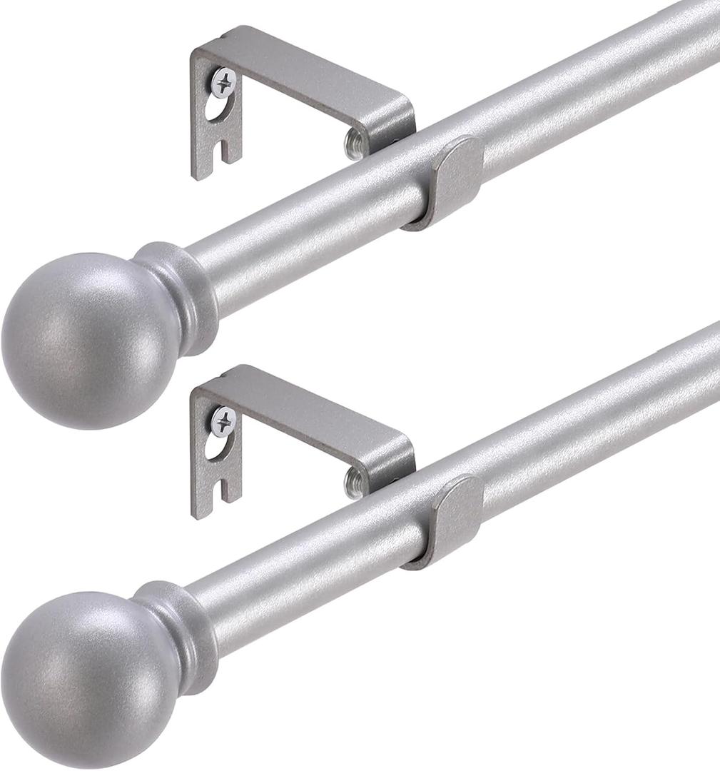 2 Pack Silver Curtain Rods for windows 32 to 48 inch, 5/8 inch Splicing Heavy Duty Metal Curtain Rod Set with Brackets