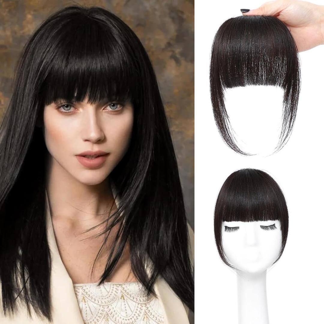 ELEFOCUS Clip in Bangs Real Human Hair Brown Black 100% Human Hair French Bangs Fake Bangs Hair Clip on bangs for women Fringe with Temples Hairpieces Curved Bangs for Daily Wear