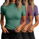 Huukeay 3 Pack Women's Mock Turtleneck Tops Short Sleeve Cotton Lettuce Trim Ribbed Shirts Slim Work Business Casual Outfits, Medium