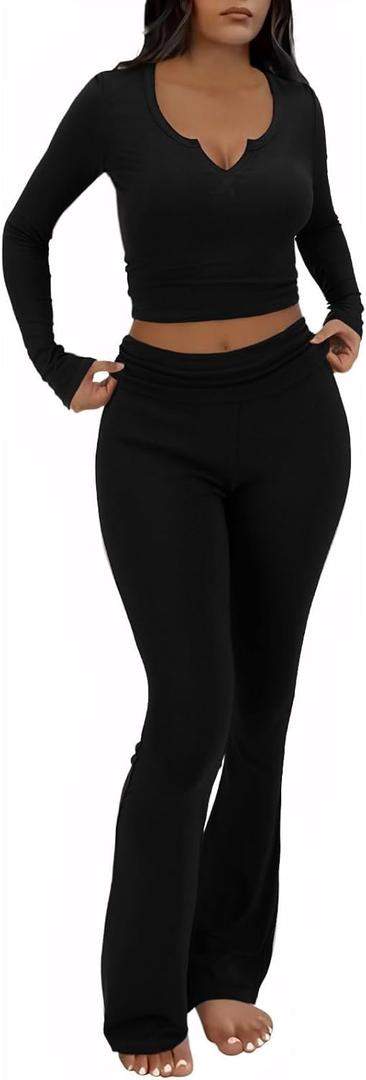 FAIRY SEASON Womens 2 Piece Lounge Sets Slim Fit V Neck Long Sleeve Top Fold Over Yoga Flare Pants Pajamas Loungewear Outfits (Small, Black)