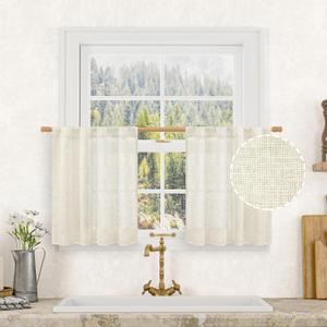 LAMIT Kitchen Semi Sheer Linen Curtains 24 Inch Long, Light Filtering Panels Back Tab and Rod Pocket Neutral Drapes for Cafe /Bathroom/Small Window, Natural, 2 Panels, 34 x 24 Inch