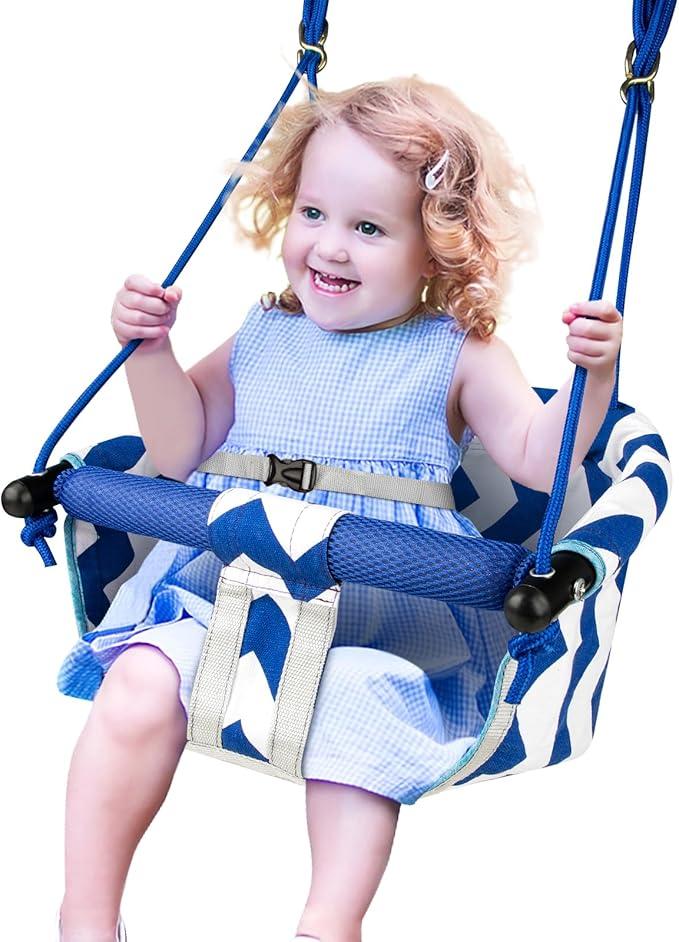 Toddler Swing – Comfy Baby Swing Outdoor Indoor, Kids Swing Seat for Backyard, Safety Harness, Secure, Safe Quick Click Locking System, BlisterFree Rope, Easy Installation Indoor Baby Swing(Blue)