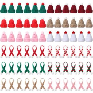 Bencailor 72 Pcs Mini Christmas Hats and Tiny Scarf Set Mini Knitting Doll Hat Scarf Santa Small Snowman Hat Ornaments for DIY Craft Art Doll Decoration (Bright Color)