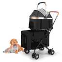 Double Pet Stroller for 2 Dogs or Cats - with 2 Detachable Carrier Cages, Portable Double Dog Strollers with 4 Lockable Wheels for Small Medium Dogs, Travel Cart,Foldable, Sturdy (Black)
