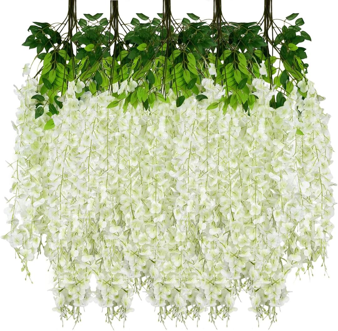 24PCS Ivory Artificial Wisteria Hanging Flowers, 3.44 Ft Fake Hanging Flowers Garland Silk Flowers, Faux Wisteria Garland Vines for Outdoor Yard Garden Patio, Wedding Arch Backdrop Home Decoration