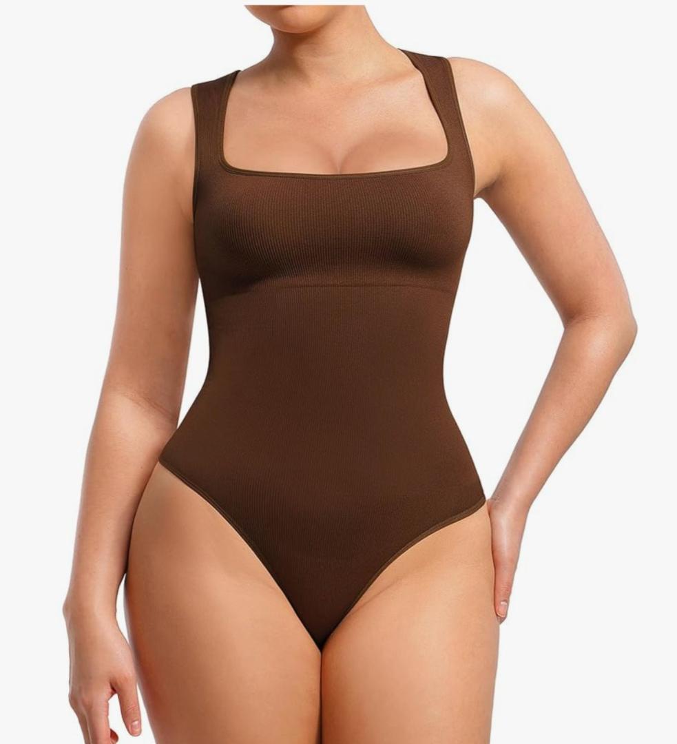 FeelinGirl Shapewear Bodysuits for Women Tummy Control Suqare Neck Thong Body Suit Sleeveless Going Out Tank Tops, M,L