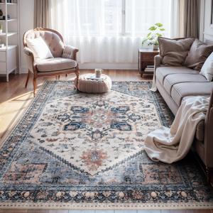 Washable Rugs for Living Room 5x7 Area Rug Soft Living Room Rug Carpet-Rugs for Bedroom Vintage Oriental Floral Dining Room Non Slip Blue Rust