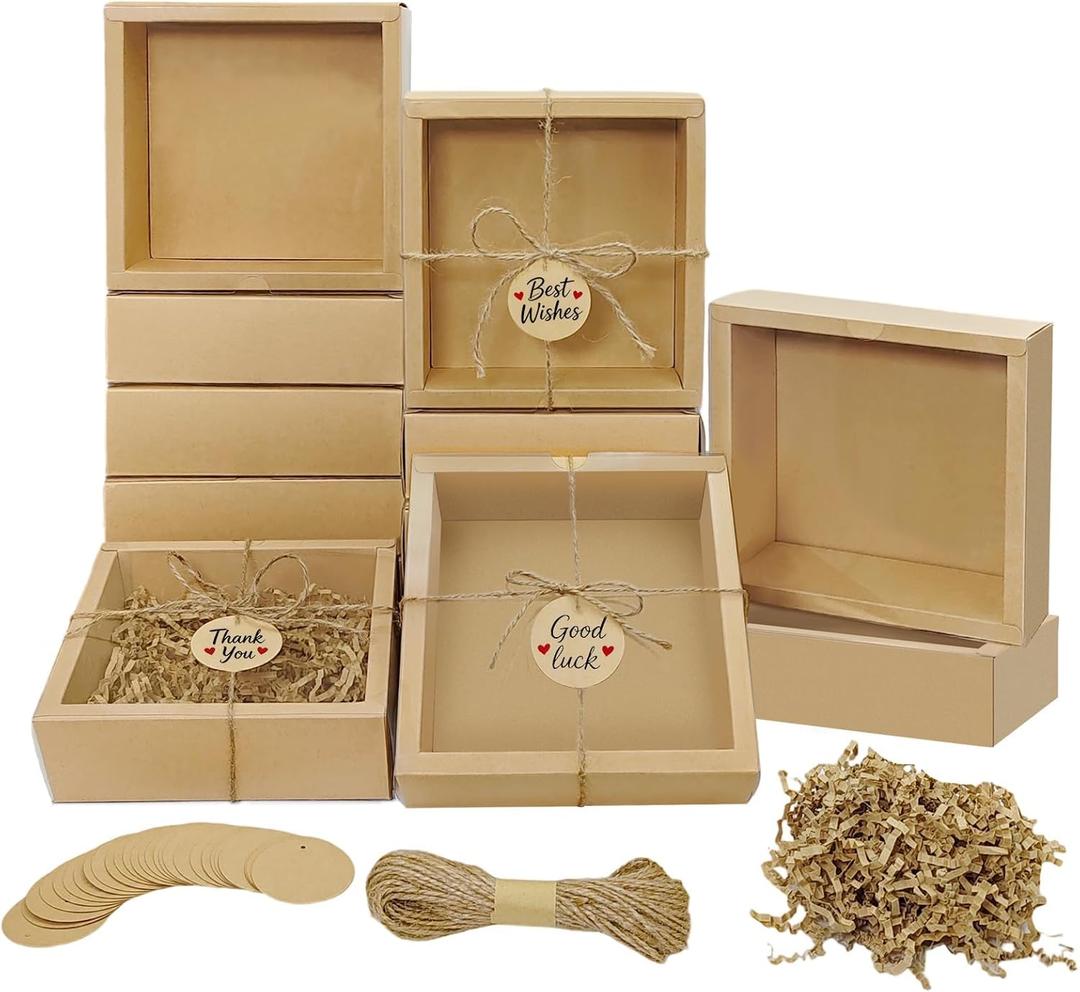 Corsiampoo 30 Sets Drawer Kraft Cardboard Boxes, 6.5 x 6.5 x 2 Inches Gift Boxes with Window, Homemade Soap Box with Blank Tags,Jute String and Raffia, Ideal for Cookie, Candy, Party Favors