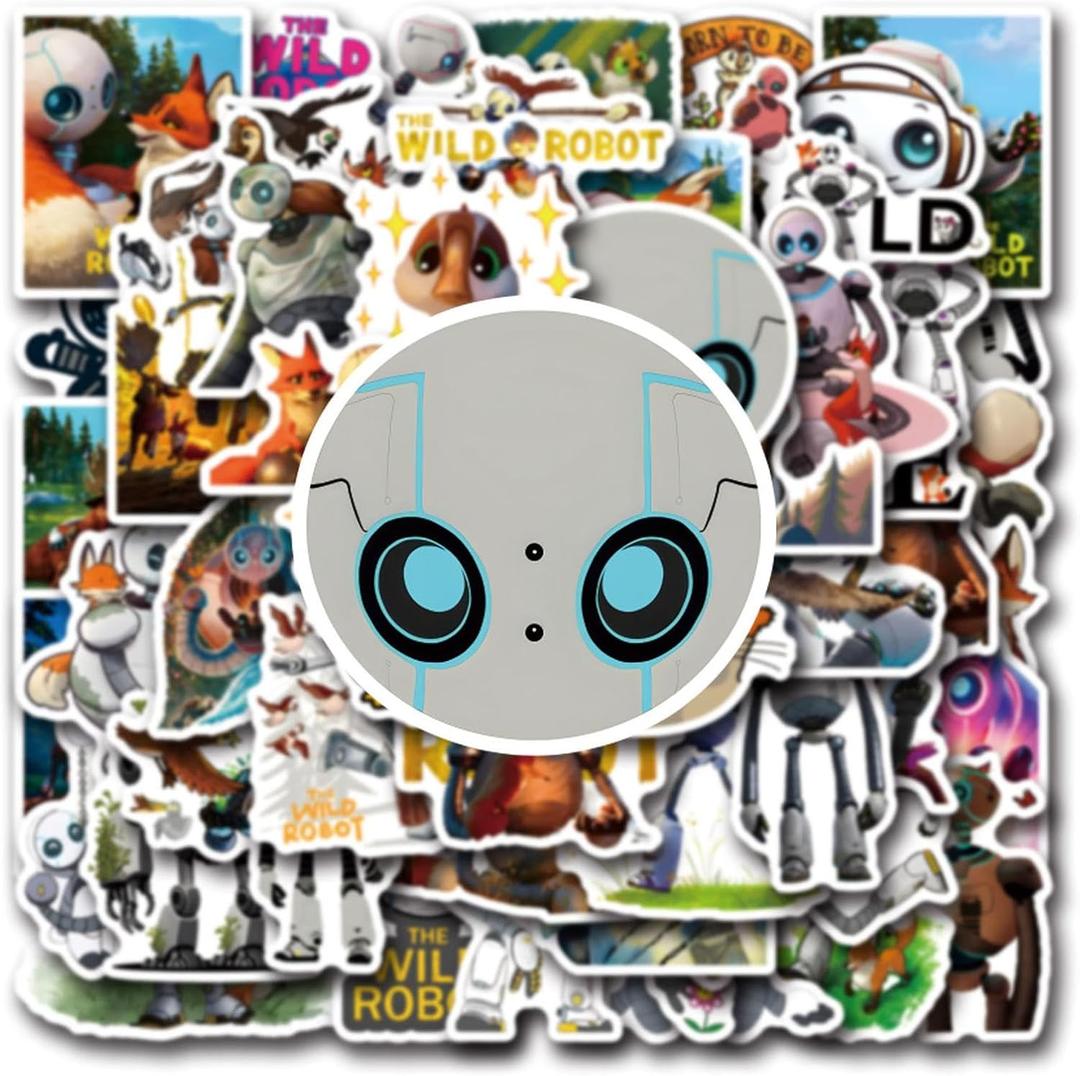 2 x 54pcs The Wild Robot Stickers for Water Bottles,Cute Cartoon Robots Movie Stickers Funny Vinyl Waterproof Decals for Teens Laptop Skateboard Bumper Suitcase Motorcycle