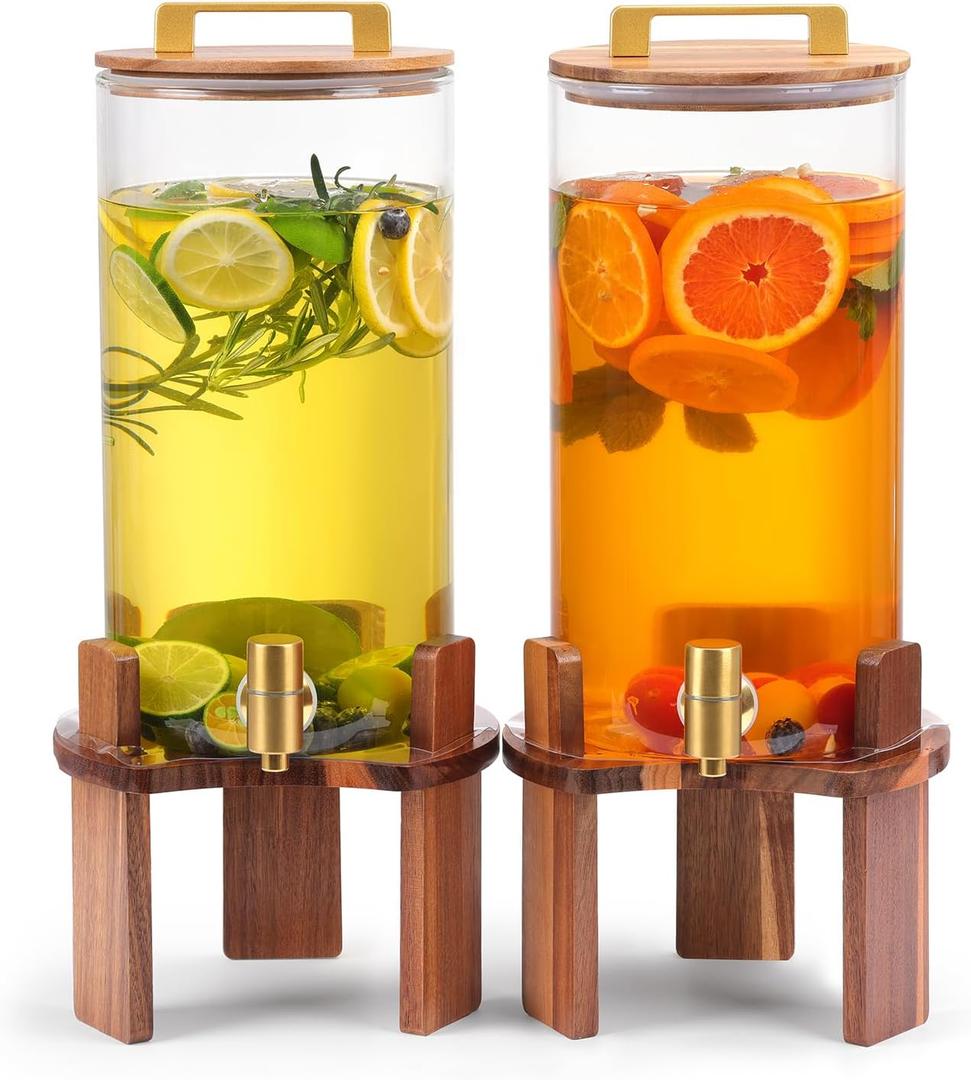 2 PCS 1.5 Gallon Glass Drink Dispenser, Beverage Dispenser With Wood Stand, Lid and Stainless Steel Spigot, Large Water Dispenser for Parties, Perfect for Lemonade, Juice, Tea and Daily Drinks