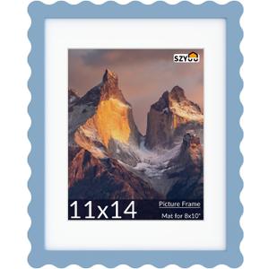 SZYUU 11x14 Wavy Picture Frame with Mat for 8x10, Real Glass and Wooden​ Frame  Tabletop or Wall Hanging Photo Frame(1 Pack, Blue)