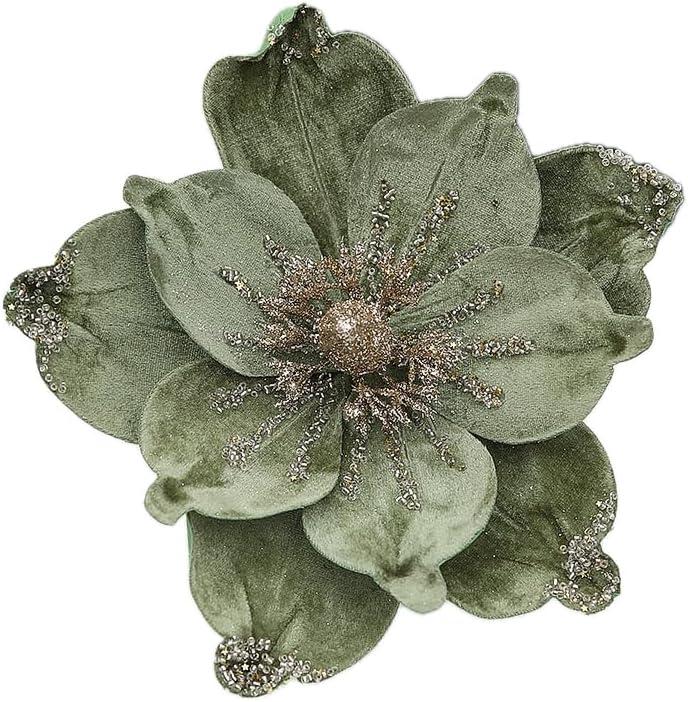 6Pcs Glitter Christmas Magnolia Flowers 9.5 Inch Large Artificial Poinsettia Flower Ornament for Christmas Tree Wreath Garland Wedding Holiday Party New Year Decoration (Green)