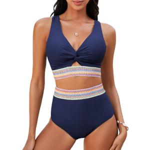 GRAPENT Bikini Sets for Women High Waisted Two Piece Swimsuit Padded Knot Twist Cut Out Color Block Bathing Suit Bikinis (Large, Navy Blue)