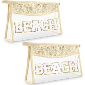 2 Pcs Boho Straw Clear Makeup Letter Bag BEACH Pouch, Sunscreen Bags for Beach Travel Small Cute Chenille Letter SPF Bag Pouch,Waterproof Beach Toiletry Sun Bag Best Beach Accessories for Women(BEACH)