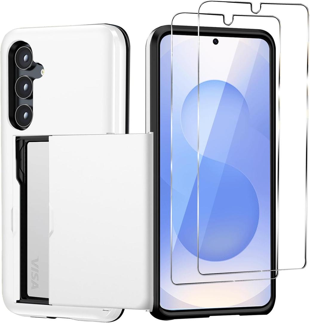for Samsung Galaxy S25 Wallet Case with Card Holder, 2X Screen Protector Dual Layer Heavy Duty Protective Hidden Card Slot Slim Case for Galaxy S25 6.2" 2025 (White)