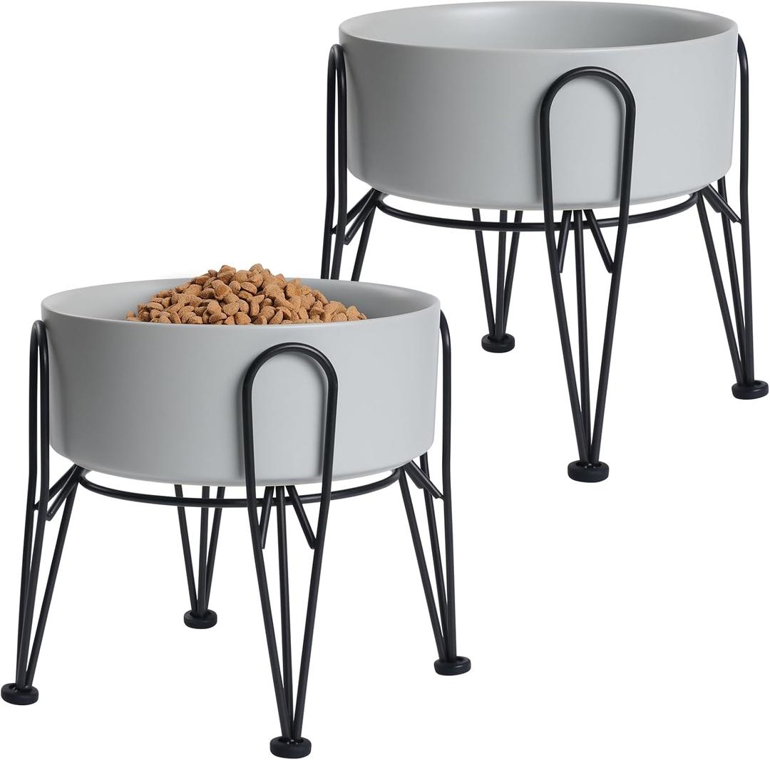 Elevated Dog Bowls, Ceramic Raised Dog Bowl Set with Anti-Slip and Non-Tip Metal Stand, 2 Pack Pet Food and Water Feeding Bowls for Small and Medium Dogs (Gray,7.6 Cups)