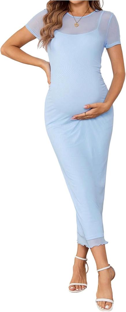 OYOANGLE Women's Maternity Dress Sheer Short Sleeve Crew Neck Bodycon Long Dresses (Blue, L)