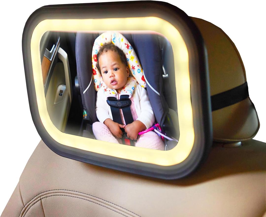 GoldBug Glow Mirror - XL Rear-Facing Baby Car Seat Mirror with Adjustable LED Lighting & Remote Control