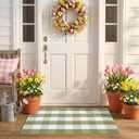 Spring Green and White Plaid Rug, 2'4" x 3'7" Cotton Blend Layered Doormat Rug for Front Door, Hand-Woven Washable Entryway & Porch Decor
