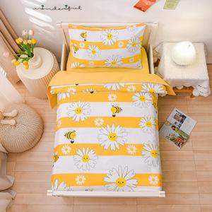 Btargot 4 Pieces Ultra Soft Toddler Bedding Set, Colorful Bees and Flower Pattern Stripe Comforter Sets for Baby Girls Boys, Yellow