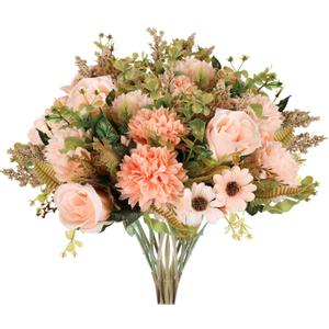 Erweicet Artificial Flowers 3 Bundles Fake Fall Flowers Pink Fake Roses Autumn Faux Flowers Silk Bouquets with Hydrangea Arrangement for Fall Wedding Party Bridal Baby Shower Home Decor (Champagne)