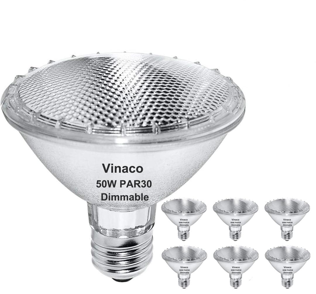Vinaco PAR30 Halogen Bulb 50W 120V E26 Base, 6 Pack PAR30 Short Neck Halogen Long Lifespan, 50W PAR30 Dimmable 3000k Warm White, High Out PAR30s Flood Light Instead for Flood Light Bulb Outdoor.