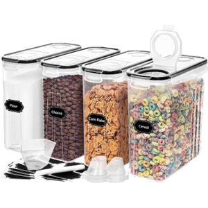 Skroam 4PCS Cereal Containers Storage [4L/135.2 oz], Airtight Food Storage Containers with Pour Spout for Kitchen & Pantry Organization Storage, Plastic Cereal Dispensers, Measuring Cup & 20 Labels