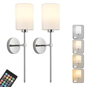 Battery Operated Wall Sconce Set of Two,Wireless Rechargeable Wall Light With Remote Control, Dimmable, 1800K/3000K/4000K/6000K/RGB, Timer, for Living Room, Bedroom, Fireplace, TV, 26.8 Inch, Chrome