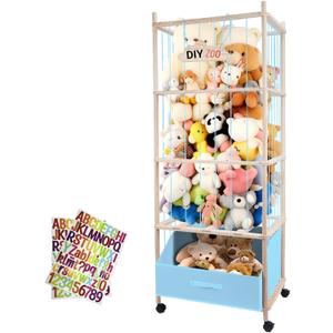 Stuffed Animal Storage, 64" Super Large Plush Toy Organizer with Wheels, Wooden Stuffed Animal Holder with Removable Bin, Zoo Plushies Storage for Bedroom/Playroom/Living Room, Blue