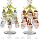 Red Co. Set of 2 Green Glass 8" Christmas Tree Tabletop Display Decorations with 12 Santa & Snowmen Ornaments