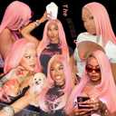 BrownBomb Pink Wear and Go Glueless Wigs Light Pink Synthetic Lace Front Wigs Pre Plucked Pre Cut Long Layered Straight Wigs with Curtain Bangs For Woman middle Part Wig 26 Inch for Beginners