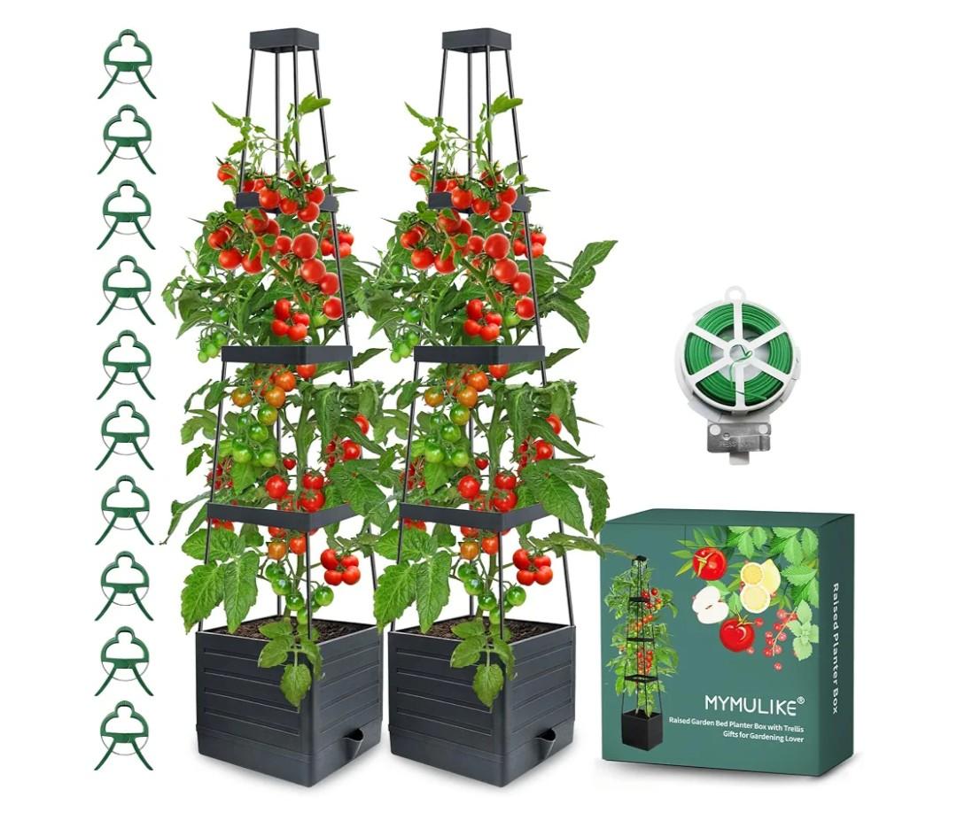 MYMULIKE 2 Pack Raised Garden Bed Planter Box with Trellis, 58” Tomato Cage Planter Raised Garden Bed with Trellis for Climbing Vegetables Plants Tomato Cage w/Self-Watering, Indoor Outdoor Use