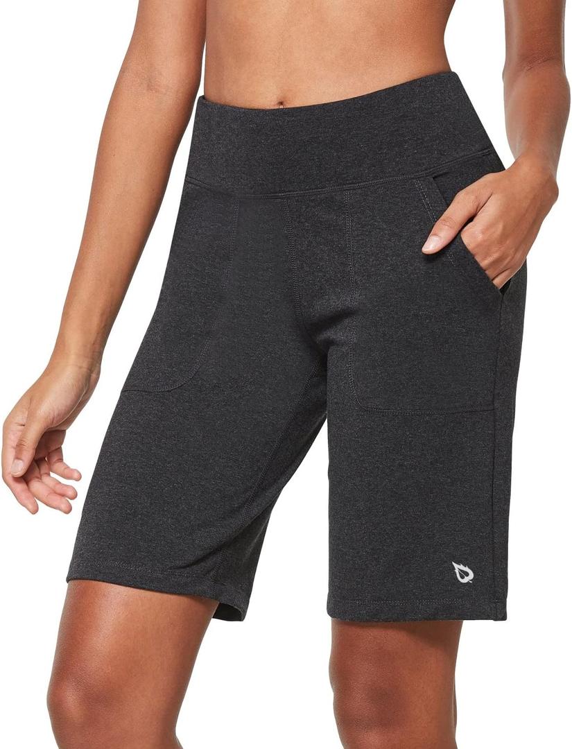 baleaf Women's Bermuda Long Shorts 10" Knee Length High Rise Athletic Shorts Pull On Workout Walking Golf Running Summer (X-Large, Cotton Blend - Heather Gray)