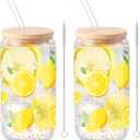 Sliner 2 Pcs Lemon Glass Cups Summer Drinking Tumbler 16 oz Iced Coffee Cup with Lid Straw Cleaning Brush Cute Beer Can Tumbler Holiday Gifts for Spring Summer Home Office Decorations (yellow lemon printing)