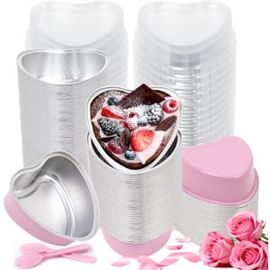 200 Pack 3.4 oz Pink Heart Shaped Mini Cake Pans with Lids, Disposable Aluminum Foil Pans for Valentine's Day Gifts, Cheesecake, Brownies & Romantic Parties