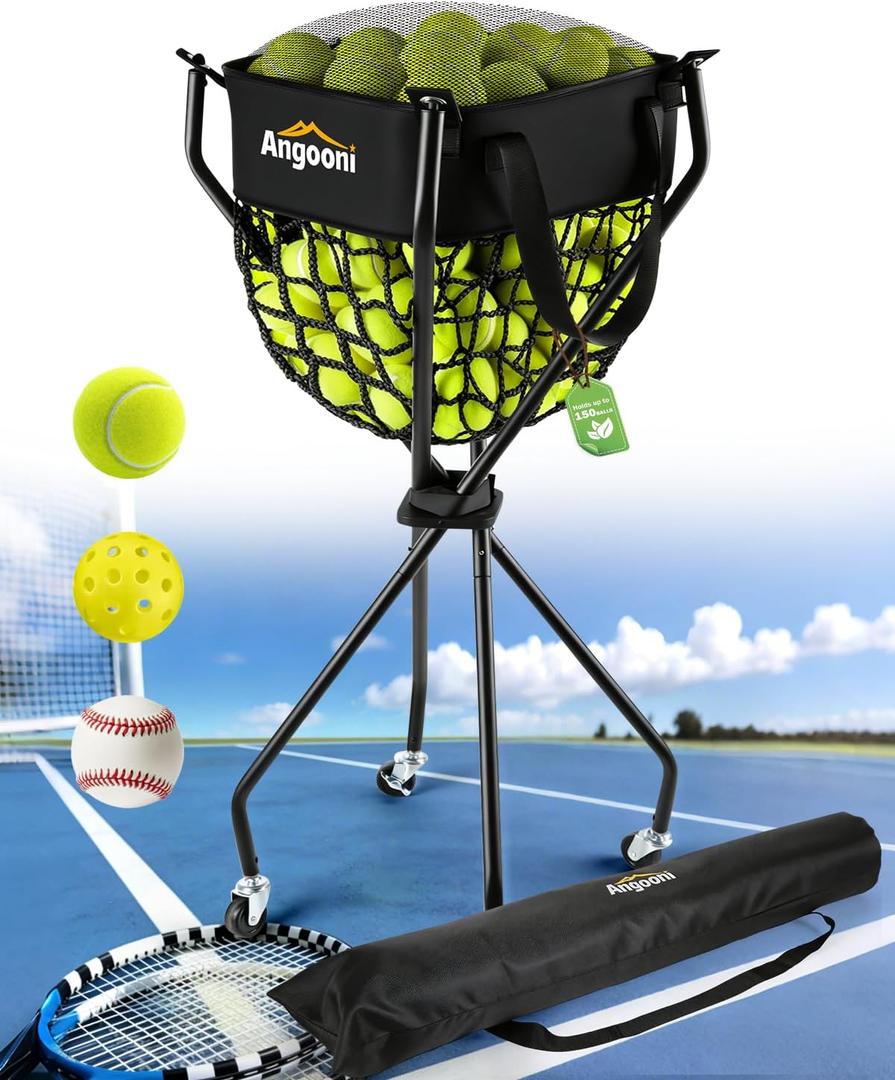 Angooni Upgraded Tennis Ball Hopper for 150 Balls, Tennis Cart with Wheels & Storage Bag, Lightweight Foldable Pickleball Cart, Ideal Gift for Training, Teaching & Family Play