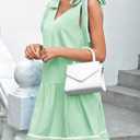 Wenrine Womens Summer V Neck Mini Dress Tie Shoulder Sleeveless Contrast Loose Casual Beach Dresses (Green)