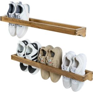 MyGift 30 Inch Premium Acacia Solid Wood Hanging Shoe Rack, Set of 2 Wall Mounted Storage Organizer Footwear Holder for Closet, Mudroom, Entryway, Holds 6 Pairs