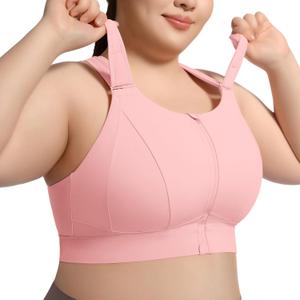 VFUS High Impact Sports Bras for Women Adjustable Zip Front Plus Size Workout Bra Full Coverage Removable Padded Running (XX-Large, Pink)