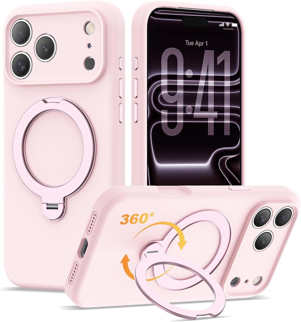 Compatible with iPhone 17 Pro Max Case 6.9'' with 360 Spin Magnetic Ring Stand[Compatible with Mag-Safe] Soft Liquid Silicone 17 Pro Max Case for Men Women,Pink